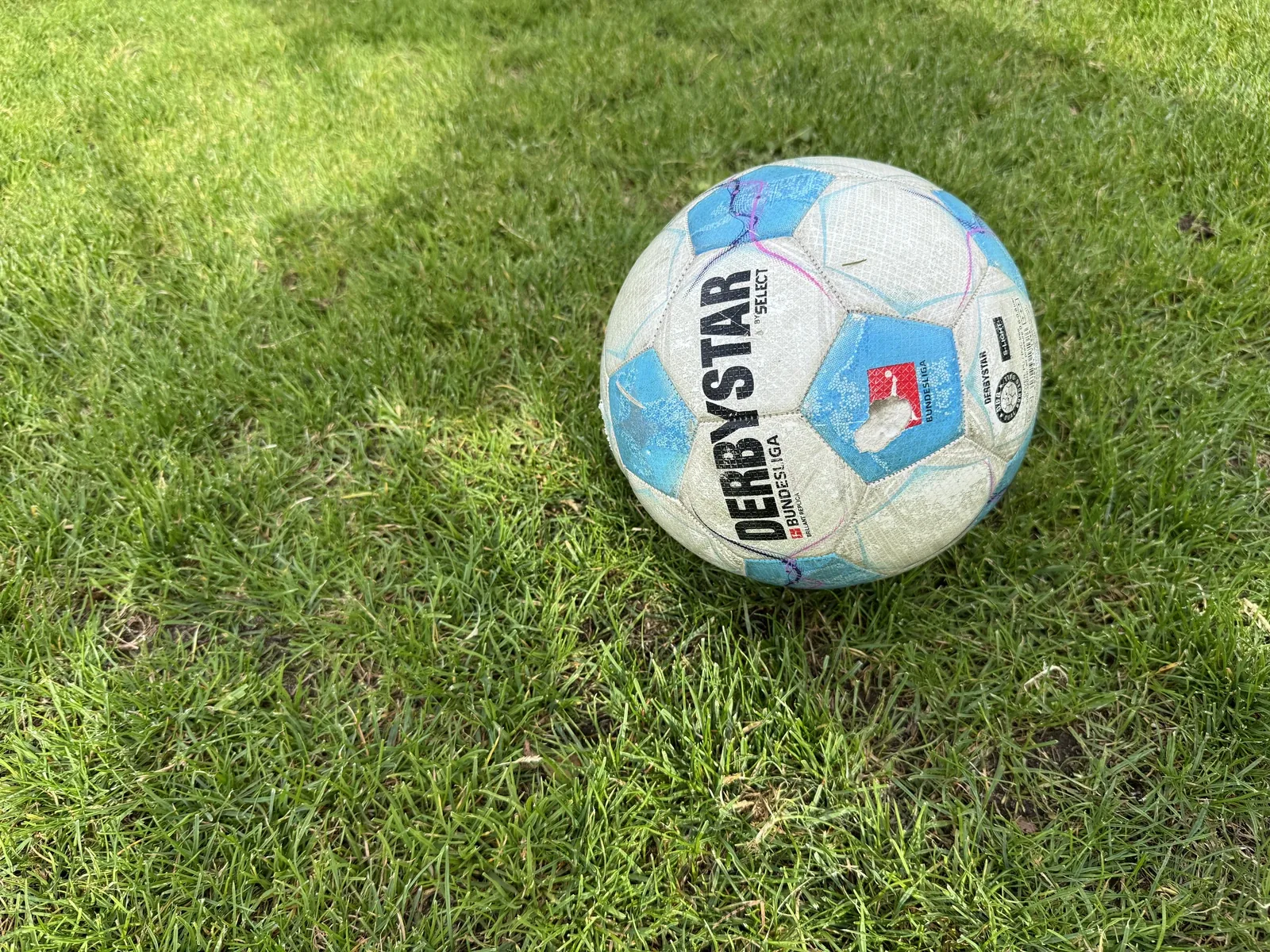Blau-weißer Fußball im Gras, schräg von oben